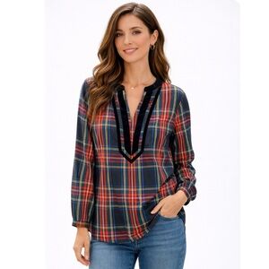 NWT J. CREW | Black Velvet Trimmed V-Neck Tunic in Stuart Tartan Plaid Sz. Large